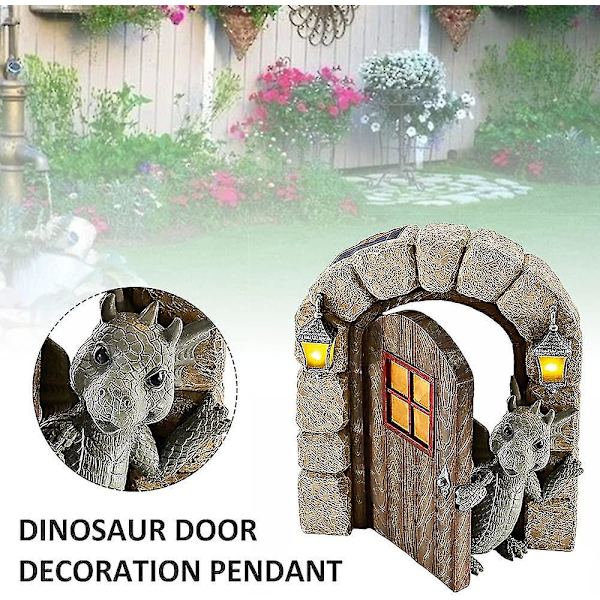 Havefigur af Dinosaur til Haven, Vandfast Harpiks Fee-Dør Statue Ornament