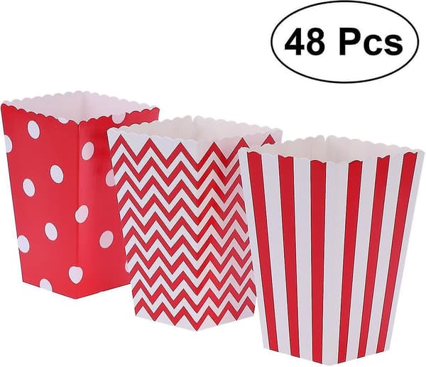 48 st Popcornaskar Ränder Vågor Prickar Papper Röd