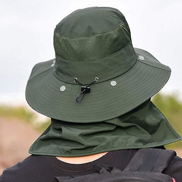 Fiskeskatter for menn og kvinner med ansiktsdekning, bredbremmet strandhatt, solhatt, netting, safari, jakt, hage, bøttehatt, pakkbar - grønn