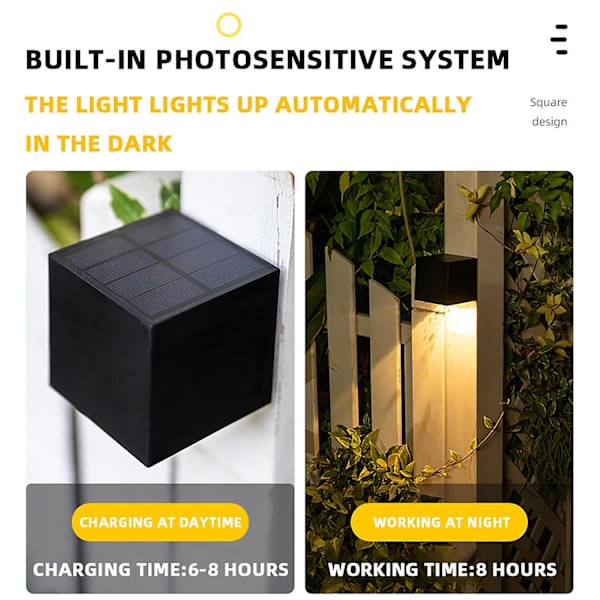 2 stk Solcelle Vanntette Led Vegglampe Ambiente Vegglys Utendørs Patio Hage Gjerde Kvadratisk Nattebelysning