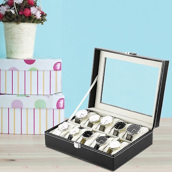 Svart PU-läder 10-fack Armbandsur Display Box Förvaring