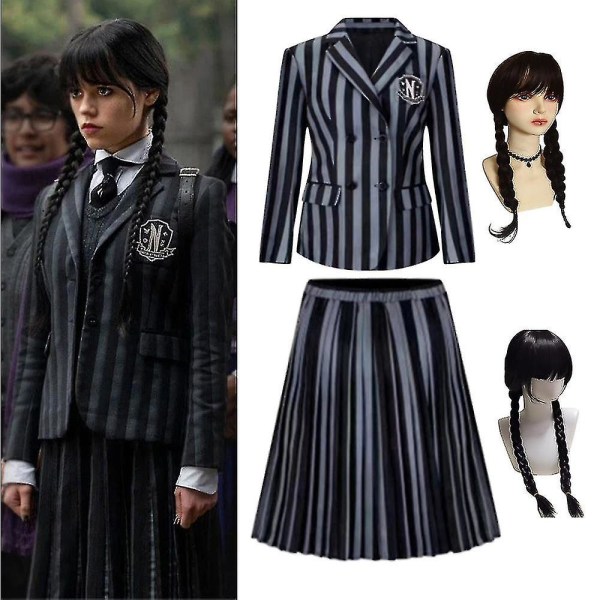 Wednesday Addams Flicka Barn Uniform Peruk Fancy Up Kostym Rollspel Dräkt 7-8 Years Dress