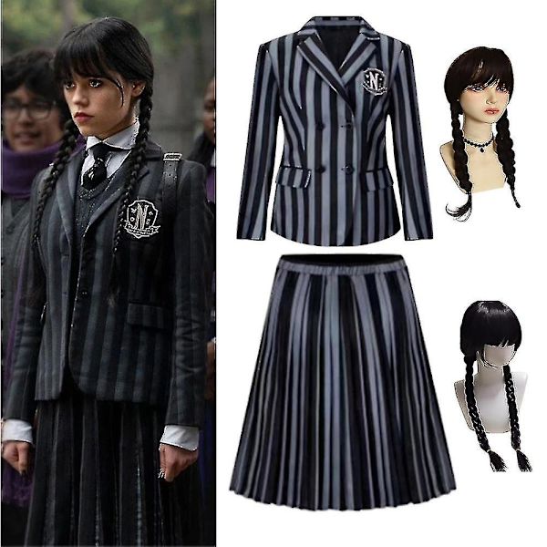 Wednesday Addams -tyttöjen lasten uniformi peruukki hieno pukeutumiskostyymi roolipeliasu One Size Only Wig A Style