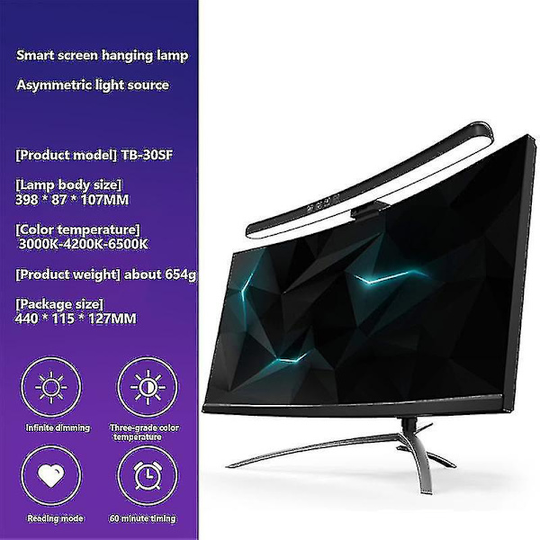 Bue skjermmonitor hengende lampe lyslist RGB fargerik bakgrunnsatmosfærisk lys trinnløs dimming PC-monitor lyslist 30SF NO RGB