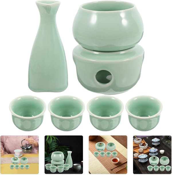 Keramisk Sake Serveringsflaska och Koppset med Spis och Värmeskål