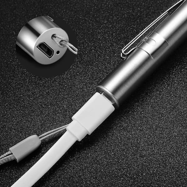 3-pak Mini USB-oppladbare LED-lommelykter i rustfritt stål, vanntett med klips