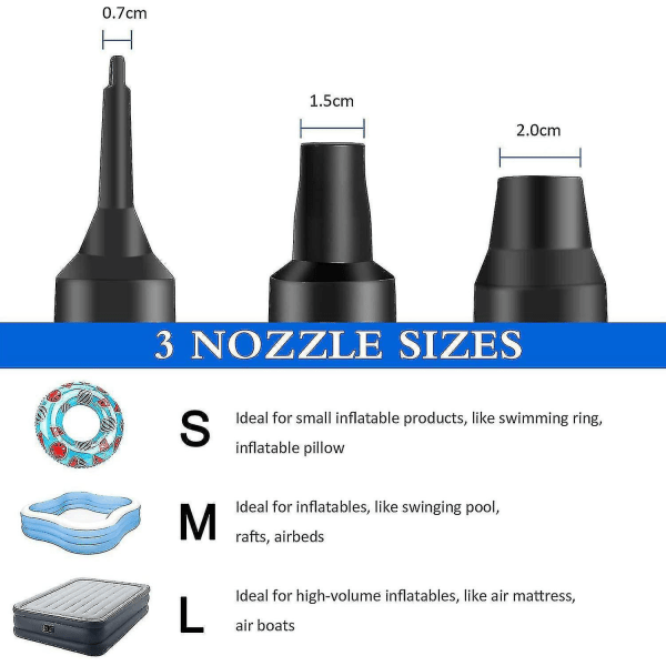 Elektrisk Luftpumpe 2 i 1, Blås Opp og Tøm Luft, Elektrisk Pumpe med 3 Dyser for Oppblåsbare Madrasser