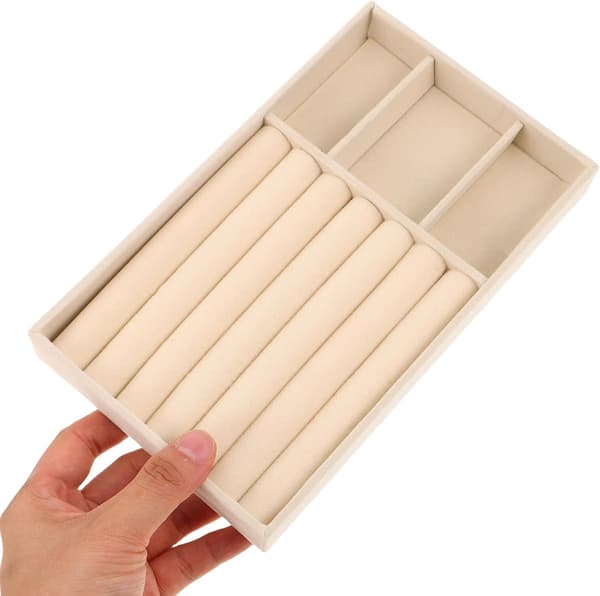 4 st stapelbara smyckesbrickor Ringar Displaybricka Smyckesorganisatör Beige PU-material Flerfacksdesign
