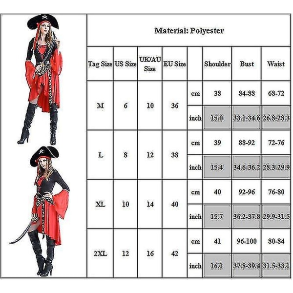 Kvinner Pirate Caribbean Swashbuckler Buccaneer Kvinner Kostyme Hat+kjole+belte antrekk XL