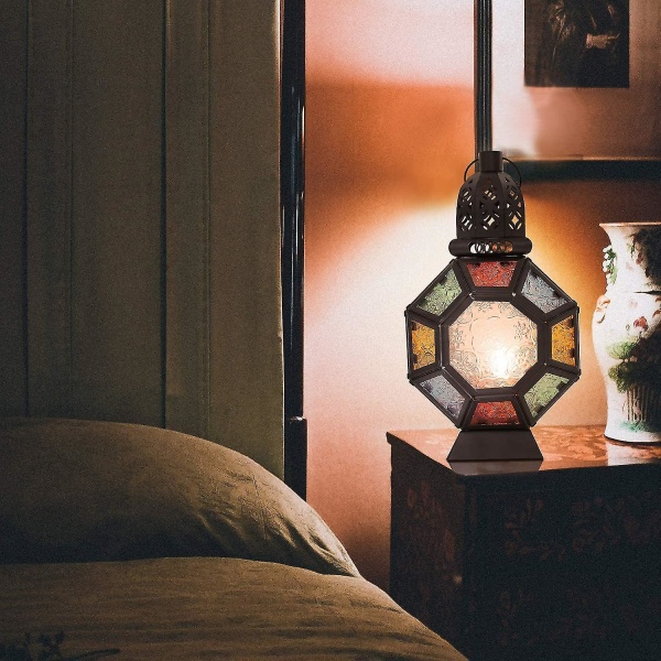 Retrorautainen kynttilälyhty, kannettava marokkolainen takorautalasimaalaus kynttilänjalka Riippuva lamppu Hevonen Kevyttuulilyhty kodin sisustukseen Ramadan Bl