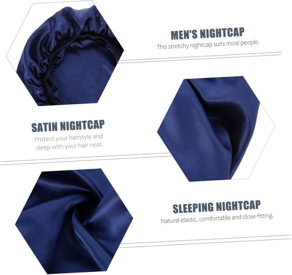 Herre Lang Satin Hårhat Multi-brug Sovekasket Elastisk Kant til Hjemmerejse Blødt Satin Materiale Marineblå