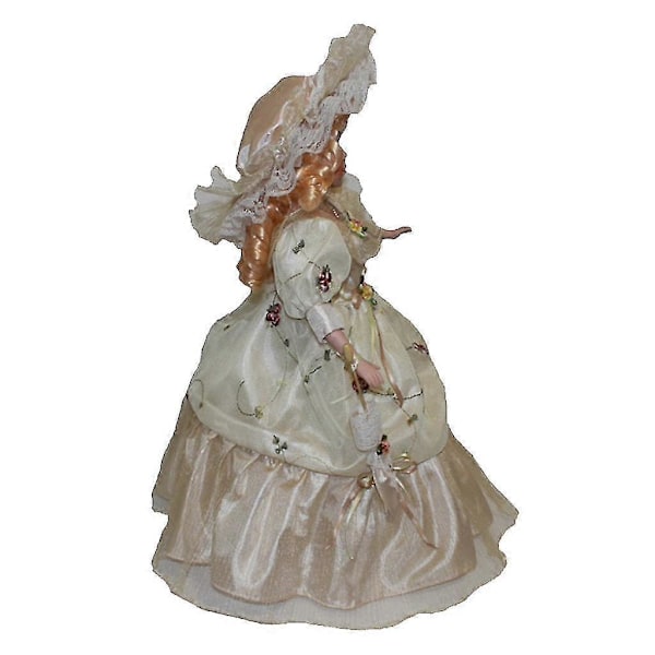 40cm Viktoriansk Porslinsdocka Figuriner i Beige Klänning Hatt Hem