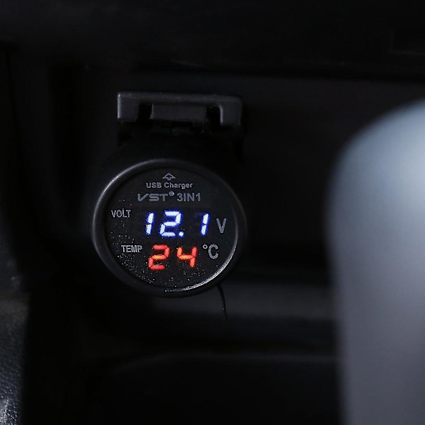 Multifunktionell Bilvoltmeter Termometer USB-laddare