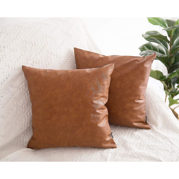 Faux Läder Kuddfodral, 18 X 18 Tum Set Om 2 Tjocka Cognac Bruna Moderna Solida Dekorativa Kvadratiska Sovrum Vardagsrum Kuddfodral För Soffa