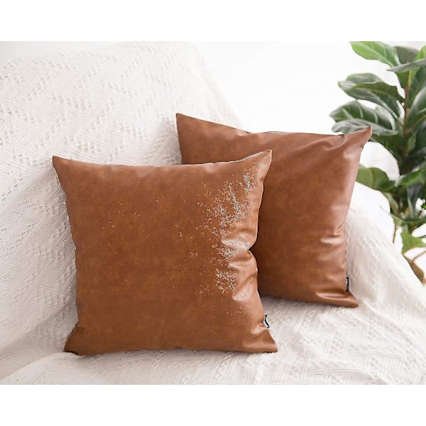 Putetrekk i Kunstlær, 18 x 18 Tommer Sett med 2 Tykke Cognac Brun Moderne Solide Dekorative Kvadratiske Putetrekk for Sofa