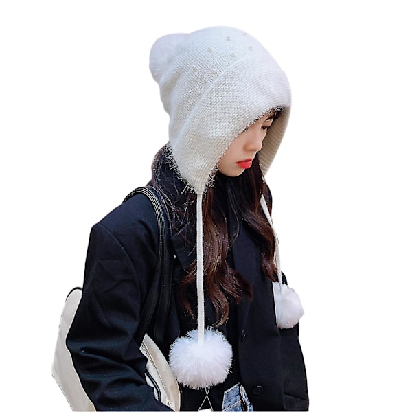 Varm Pompom-hatt med pärlor Stickad Hatt Vinter Öron Skyddande Hatt Virkad Mössa White