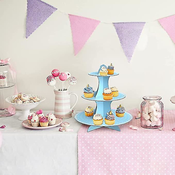 Jinle 3-vånings Papperscupcake Stativ Blå Polka Dot