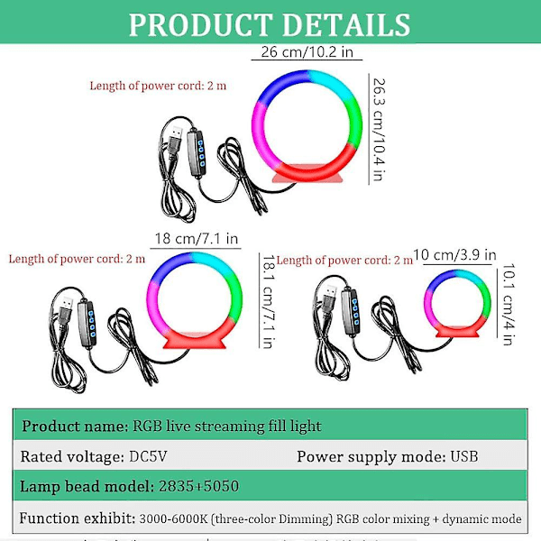 Selfie Ringlys RGB Fyll LED Lampe Mobilholder Stativ