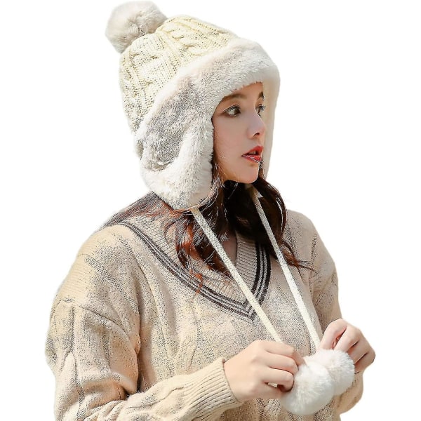 Peruansk mössa med öronlapp för kvinnor Stickad Pom Winter Snow Ski Hat med Fleecefodrad C-yuhao