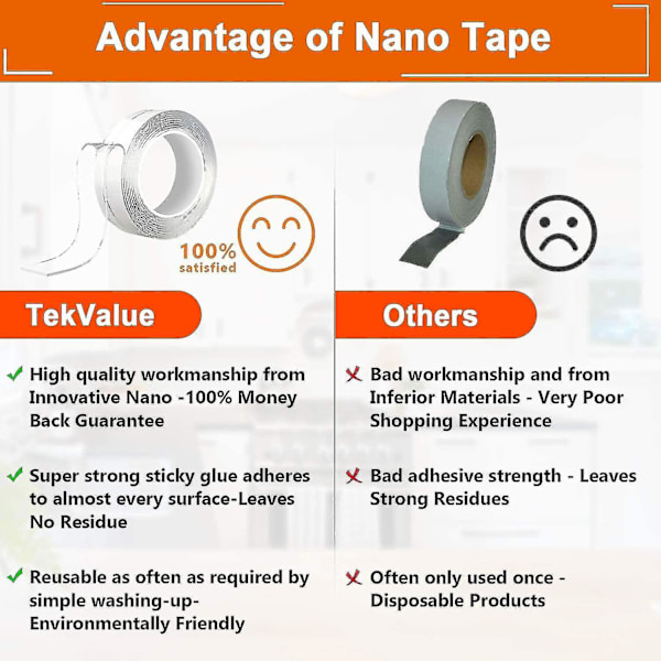 3 stk Nano Dobbeltsidig Tape Heavy Duty, Transparent Gjenbrukbar Nano Limtape