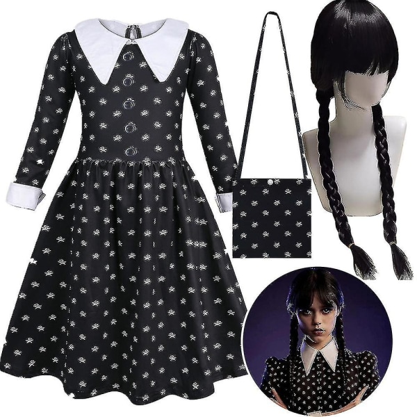 Barnflickors Onsdag Addams Kostym + Väska + Peruker Utrustning Fint Upp 6-7 Years Dress Bag and Wigs
