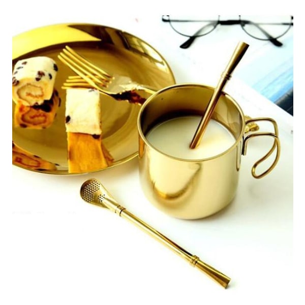 Kaffekrus i rustfrit stål med låg, praktisk krus Ølkrus med låg med håndtag Dobbeltlagskrus (farve: guld) (1 stk)