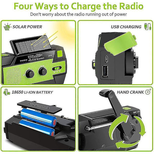 Solcellsdriven Handvev Radio AM-FM-WB med 4000mAh Powerbank