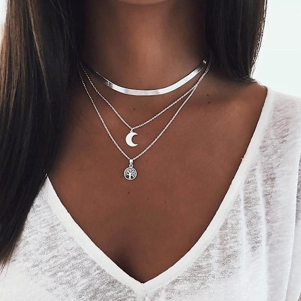 Multi-lags Sølv Træ af Livet Måne Vedhæng Halskæde Slange Knogle Kæde Boho Stil Halskæde Lmell Gave
