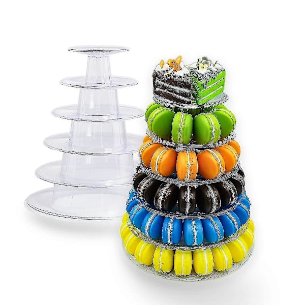 6-vånings Macaron-tornställ för bröllop, födelsedagsfest, Cupcake-kaka, Plastdisplayställ