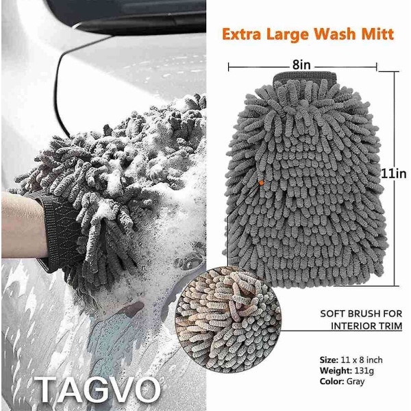 Stor størrelse mikrofiber bilvaskehansker - Premium Chenille vaskehansker (2x klut + 2x vott)