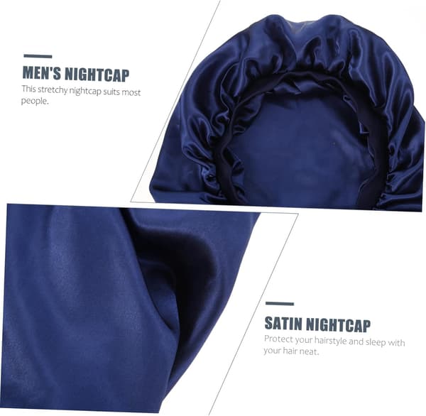 Herre Lang Satin Hårhat Multi-brug Sovekasket Elastisk Kant til Hjemmerejse Blødt Satin Materiale Marineblå