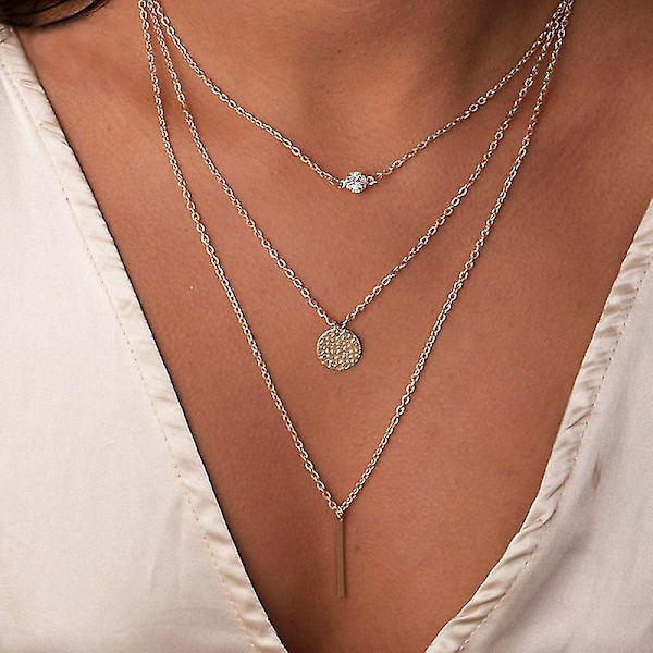 Boho Lagdelt Myntdisk Halskæde Halskæde Halskæde Guld Rhinestone Bar Vedhæng Halskæde