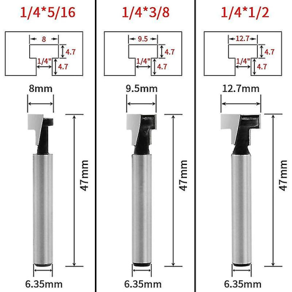 T-spor Fræser, T-spor Fræser Bits, 3 stk. (8/9,5/12,7 mm) Skaftfræser med Bladfræser
