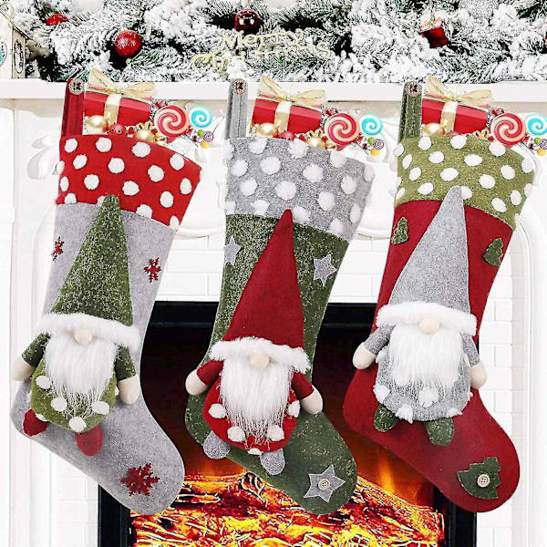 3-pack Julstrumpor 19 tum 3D Tomtar Jultomte Eldstad Hängande