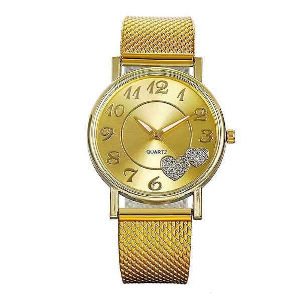Dames Casual Mode Mesh Rem Strop Hjerteformet Salg Peach Hjerte Dames Ur Gold