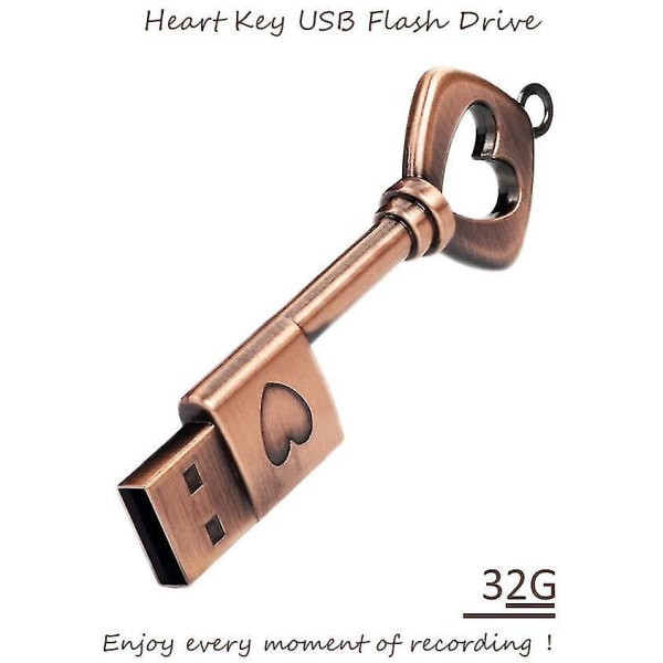 32gb USB Flash Drive Søt Memory Stick Retro Metal Heart Nøkkelformet Pendrive