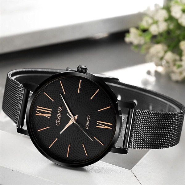 Personligt kreativt tryck Watch Roman Scale Fashion Mesh Armband Quartz Watch Dam Black shell white