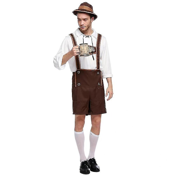 Tysk Oktoberfest Öl Kostym Bayerisk Lederhosen Skjorta Hatt Set Män Vuxna Kille Festival Kläder XL