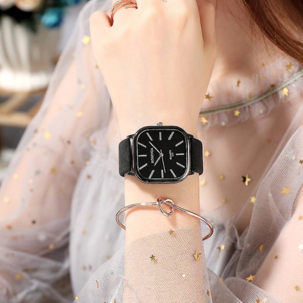 Studenter- og dameure Bælte Koreansk Simple Temperamental Ins Style Simple Square Quartz Watch Black with black plate