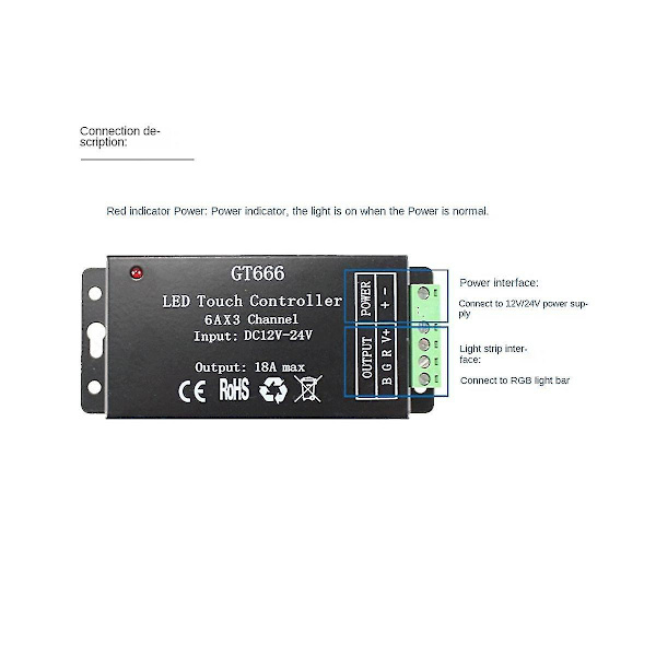 Gt666 RGB LED Controller Trådløs RF Touch Fjernbetjening DC 12V 24V 18A 3 Kanaler Lysbånd Dimmer Switch