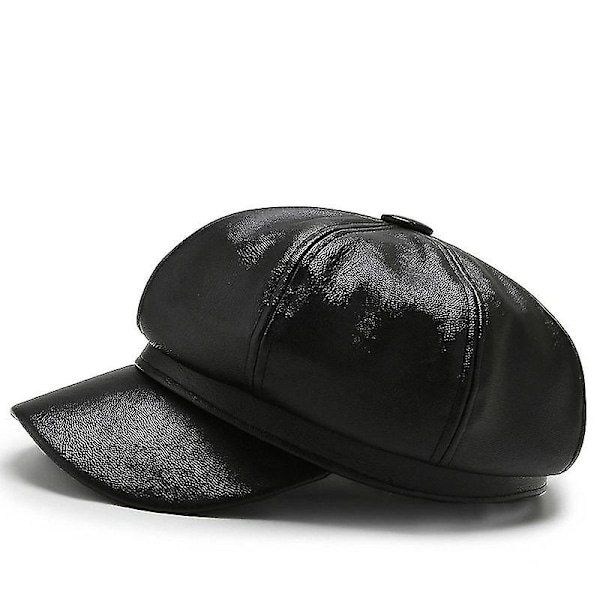 Dame Pige Pu Spids Beret Hat Solid Ottekantet Hat Pu Læder Hatte Mode. (sort)(1stk)