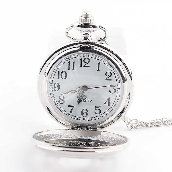 Udhullet Retro Urværk Mænds Mode Halsk Ornament Kvarts Ur Lommeur Flip Stor Lommeur White steel