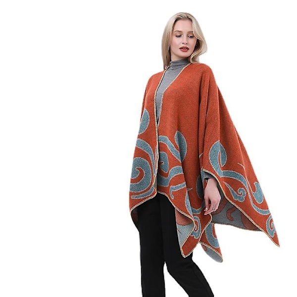 Dame Poncho Sjal Vendbar Oversized Poncho Kappe Trykt Tæppe Sjal Cardigan coral