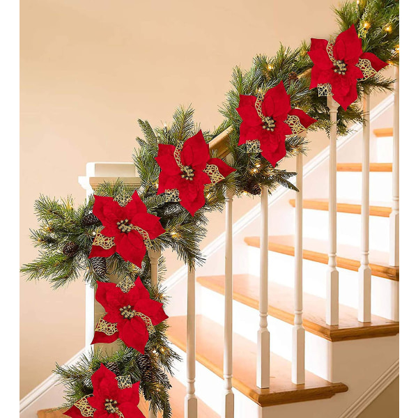15 stk julestjerne kunstige juleblomster dekorationer juletræspynt rød glitter guld med klips