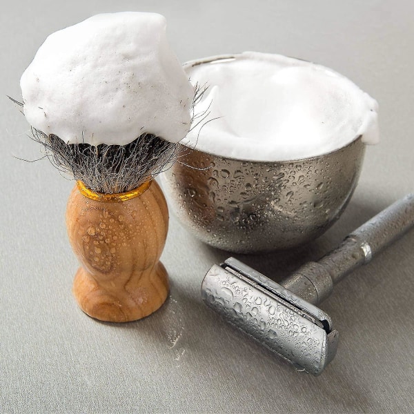 Barberbørstesett Nylon barberbørste Trehåndtak og barberbørstehold i rustfritt stål