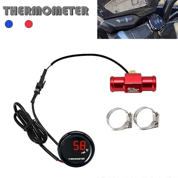 Universal Motorcykel LED Digital Termometer Vandtemperatur Måler Red 22mm connector