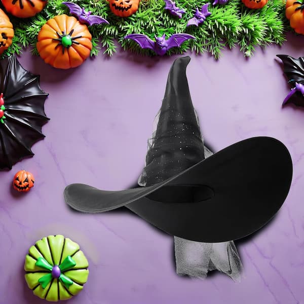 Svart plissert nettingheksehatt for Halloweenfest Kvinner Gotisk Trollmannshodeplagg