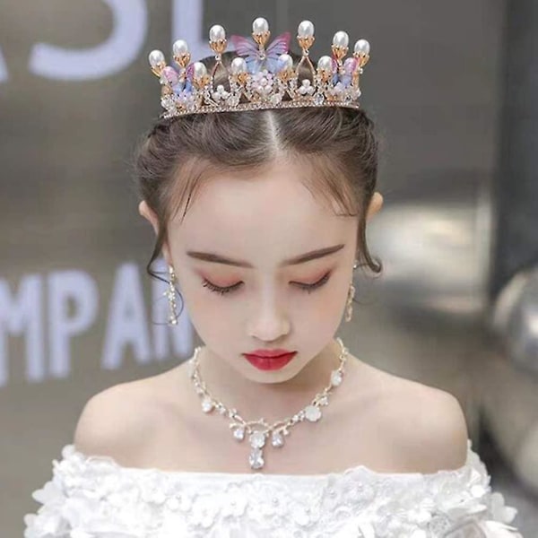 Flickor Crown Bridal Crown Pearl Butterfly Tiara Pannband Bröllop Hår Smycken Crown Party