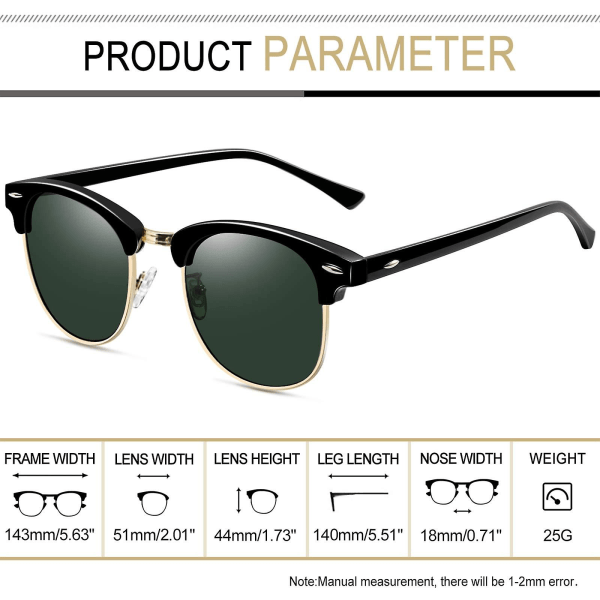 Halvrammede Polariserende Solbriller til Mænd - UV400 Beskyttelse Retro Halvrammede Solbriller Unisex Polariseret