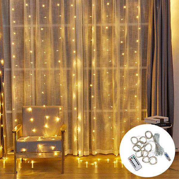 Gardinslynge med 200 LED Lys 3m X 2m Julelys Vandafvisende USB-drevet 8 Tilstande Fjernbetjening Lysstreng Til Soveværelse Vægge Vindue Terrasse Fest Jul Ind Warm white